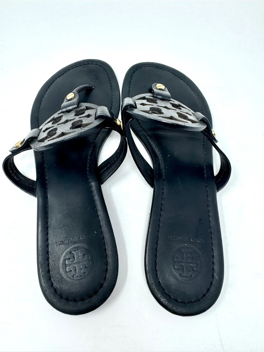 Tory Burch Miller Black Logo Medallion Leather Thong Sandals
